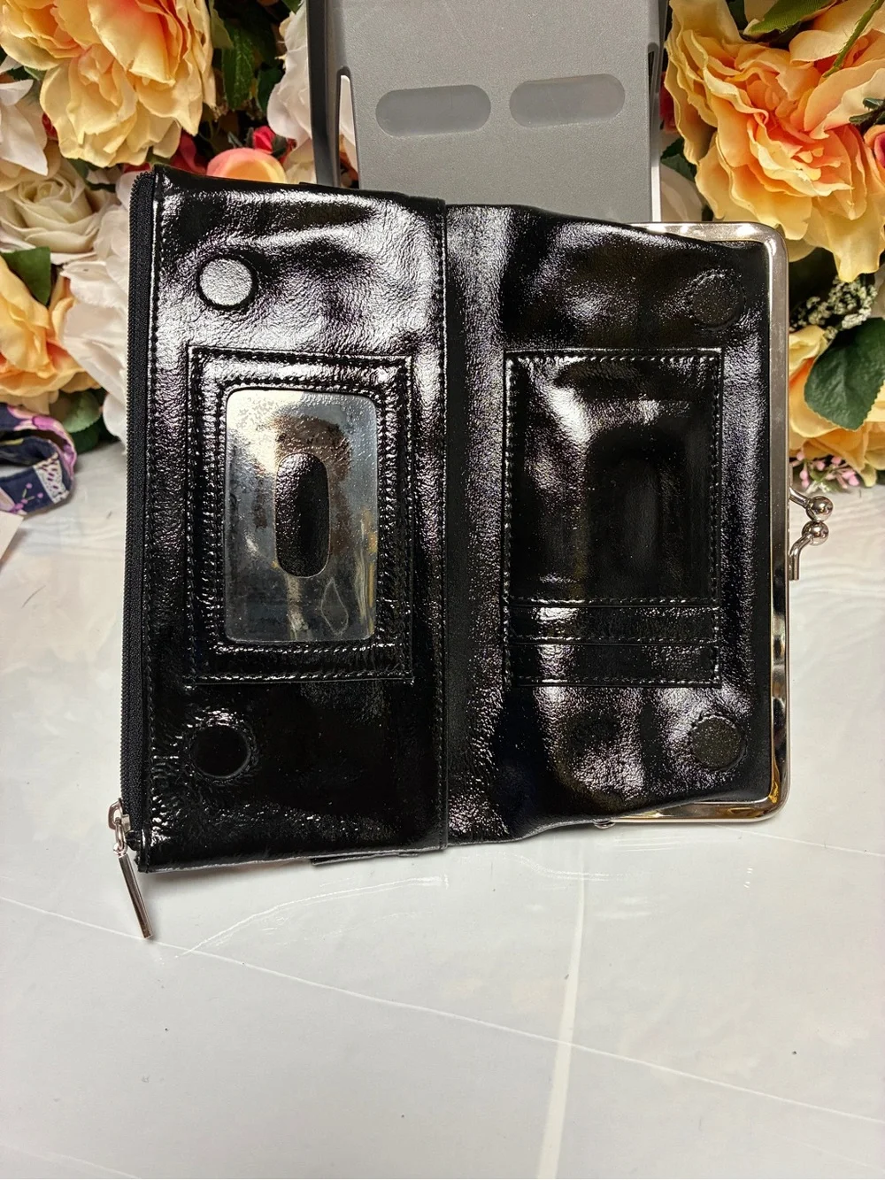 HOBO International Black Patent Finish Bow Kiss Lock Continental Wallet Clutch